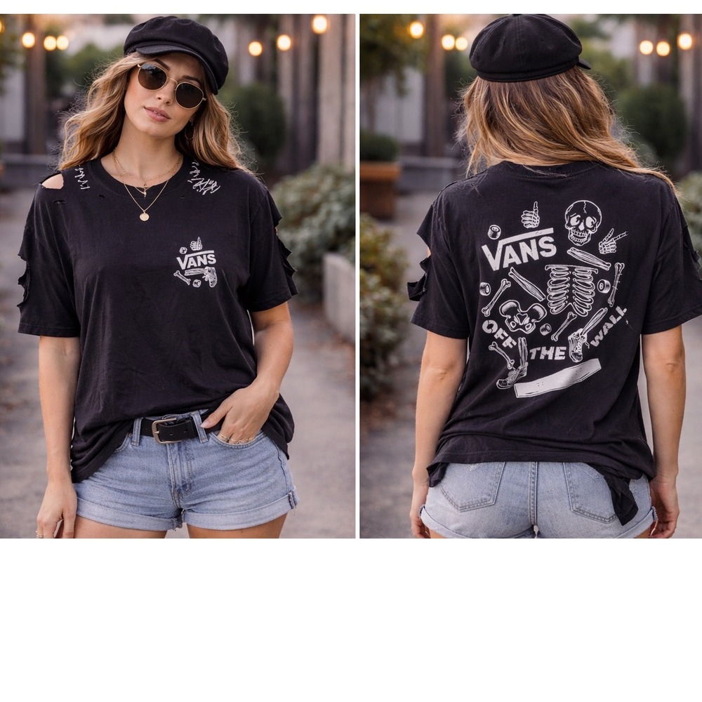Vans Off The Wall Distressed Skeleton Graphic Tee Black Custom Stitched Punk